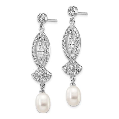 Sterling Silver Freshwater Cultured Pearl & CZ Dangle Earrings – view 3