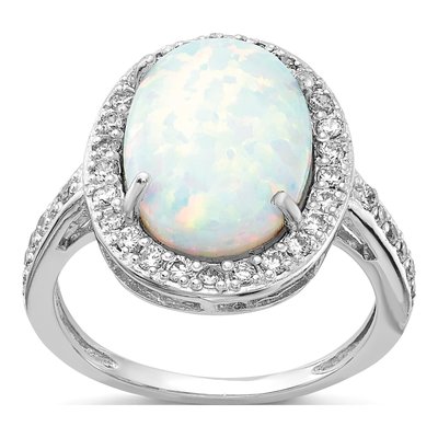 Sterling Silver Lab-Created Opal & CZ Halo Ring