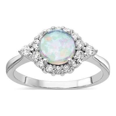 Sterling Silver Lab-Created Opal & CZ Cabochon Brilliant-Cut Ring