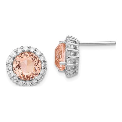 Sterling Silver 1.5mm Round Morganite & CZ Halo Stud Earrings