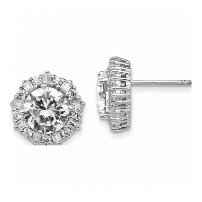 Sterling Silver Round CZ Halo Cluster Stud Earrings