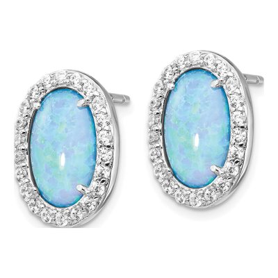 Sterling Silver Lab-Created Opal & CZ Oval Stud Earrings – view 3