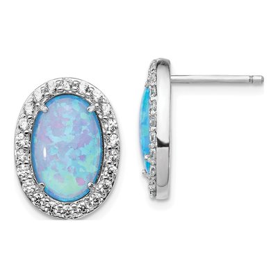 Sterling Silver Lab-Created Opal & CZ Oval Stud Earrings