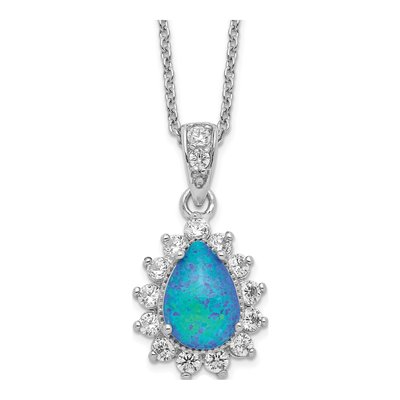 Sterling Silver Lab-Created Opal & CZ Cabochon Brilliant-Cut Pear Pendant Necklace