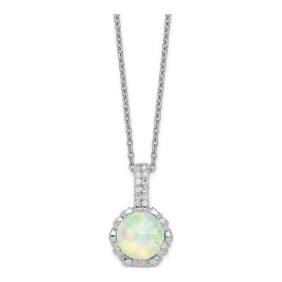 Sterling Silver Lab-Created Opal & CZ Cabochon Brilliant-Cut Pendant Necklace