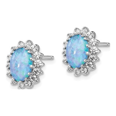 Sterling Silver Oval Lab-Created Opal & CZ Cabochon Brilliant-Cut Stud Earrings – view 3