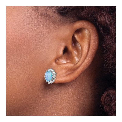 Sterling Silver Oval Lab-Created Opal & CZ Cabochon Brilliant-Cut Stud Earrings – view 4