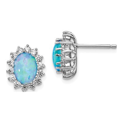 Sterling Silver Oval Lab-Created Opal & CZ Cabochon Brilliant-Cut Stud Earrings