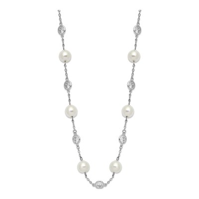 Sterling Silver Simulated Pearl & CZ Glass Brilliant-Cut Bezel Station Necklace – view 3