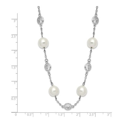 Sterling Silver Simulated Pearl & CZ Glass Brilliant-Cut Bezel Station Necklace – view 4