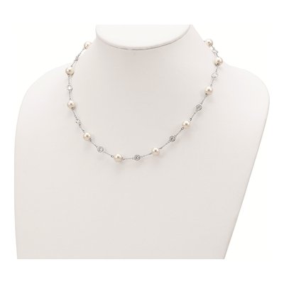Sterling Silver Simulated Pearl & CZ Glass Brilliant-Cut Bezel Station Necklace – view 5