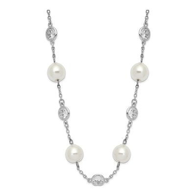 Sterling Silver Simulated Pearl & CZ Glass Brilliant-Cut Bezel Station Necklace