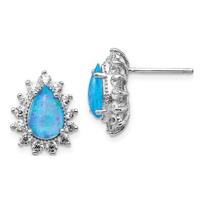 Sterling Silver Pear Lab-Created Opal & CZ Stud Earrings