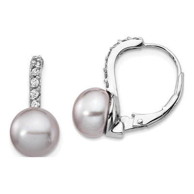 Sterling Silver Grey Freshwater Cultured Pearl & CZ Leverback Earrings