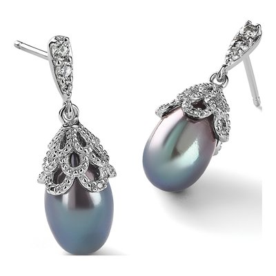 Sterling Silver Grey Freshwater Cultured Pearl & CZ Dangle Earrings – view 6
