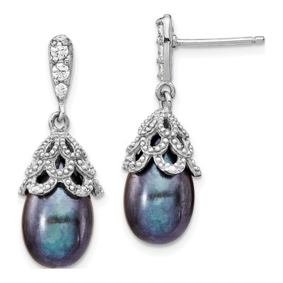 Sterling Silver Grey Freshwater Cultured Pearl & CZ Dangle Earrings