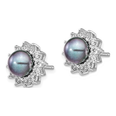 Sterling Silver Round Grey Freshwater Cultured Pearl & CZ Button Stud Earrings – view 3