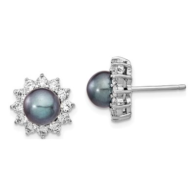 Sterling Silver Round Grey Freshwater Cultured Pearl & CZ Button Stud Earrings