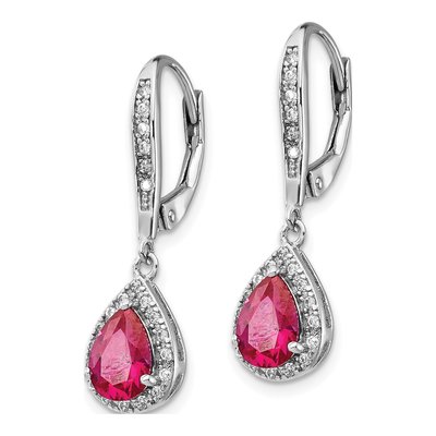Sterling Silver Lab-Created Ruby & CZ Teardrop Leverback Earrings – view 3