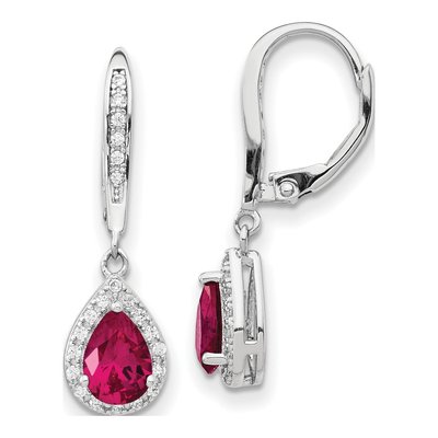Sterling Silver Lab-Created Ruby & CZ Teardrop Leverback Earrings
