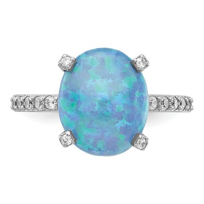 Sterling Silver Lab-Created Opal & CZ Cabochon Brilliant-Cut Oval Ring – view 6