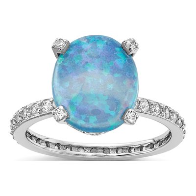 Sterling Silver Lab-Created Opal & CZ Cabochon Brilliant-Cut Oval Ring