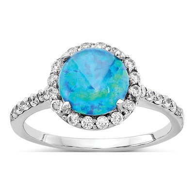Sterling Silver Lab-Created Opal & CZ Halo Ring