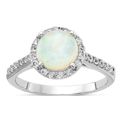 Sterling Silver Lab-Created Opal & CZ Halo Ring