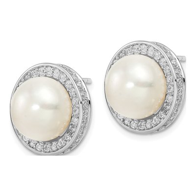 Sterling Silver Round Freshwater Cultured Pearl & CZ Halo Stud Earrings – view 3