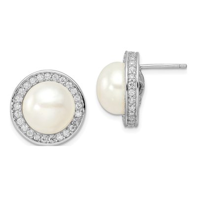 Sterling Silver Round Freshwater Cultured Pearl & CZ Halo Stud Earrings
