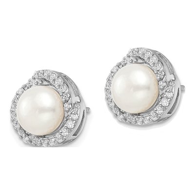 Sterling Silver 1.5mm Round Freshwater Cultured Pearl & CZ Love Knot Stud Earrings – view 3