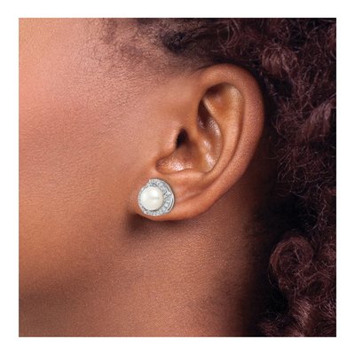 Sterling Silver 1.5mm Round Freshwater Cultured Pearl & CZ Love Knot Stud Earrings – view 4