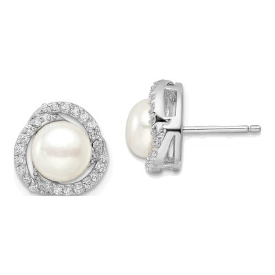 Sterling Silver 1.5mm Round Freshwater Cultured Pearl & CZ Love Knot Stud Earrings