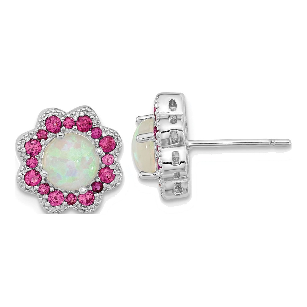 Sterling Silver Opal & Red Crystal Flower Earrings