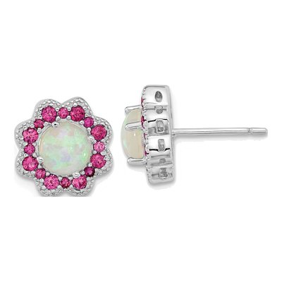 Sterling Silver 6mm Round Lab-Created Opal & Crystal Flower Stud Earrings
