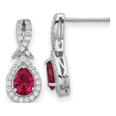Sterling Silver Lab-Created Ruby & CZ Teardrop Dangle Earrings