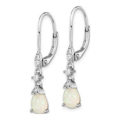 Sterling Silver Lab-Created Opal & CZ Cabochon Brilliant-Cut Leverback Earrings – view 3