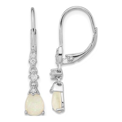 Sterling Silver Lab-Created Opal & CZ Cabochon Brilliant-Cut Leverback Earrings