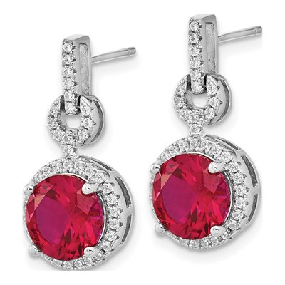 Sterling Silver Lab-Created Ruby & CZ Halo Dangle Earrings – view 3
