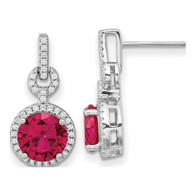 Sterling Silver Lab-Created Ruby & CZ Halo Dangle Earrings