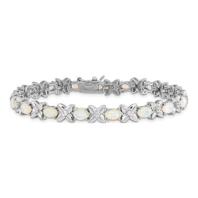 Sterling Silver Lab-Created Opal & CZ Fancy Cabochon Brilliant-Cut Bracelet – view 3