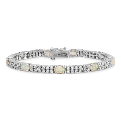 Sterling Silver Lab-Created Opal & CZ Fancy Cabochon Brilliant-Cut Bracelet – view 3