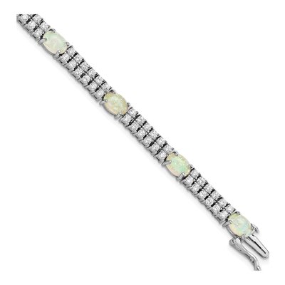 Sterling Silver Lab-Created Opal & CZ Fancy Cabochon Brilliant-Cut Bracelet