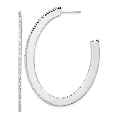 Sterling Silver 55mm CZ Oval J- Hoop Earrings