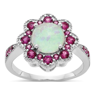 Sterling Silver Lab-Created Opal & Crystal Flower Ring