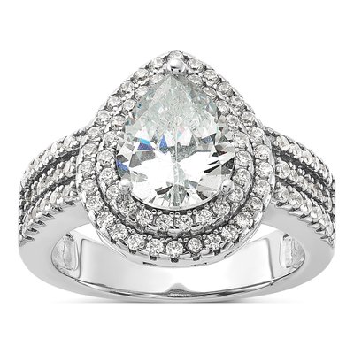 Sterling Silver CZ Pear Double Halo Ring