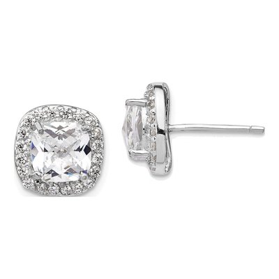 Sterling Silver 7.5mm Cushion CZ Square Halo Stud Earrings