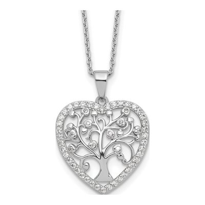 Sterling Silver CZ Tree of Life Heart Pendant Necklace