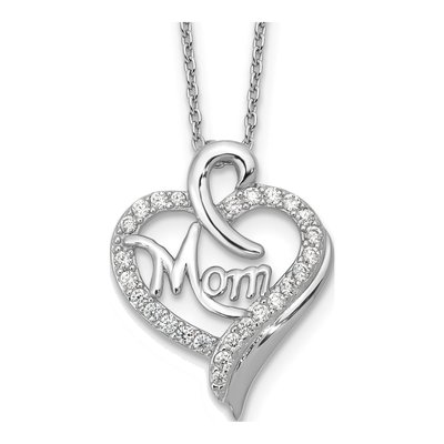 Sterling Silver CZ MOM Heart Pendant Necklace
