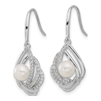 Sterling Silver Freshwater Cultured Pearl & CZ Teardrop Dangle Earrings – view 2